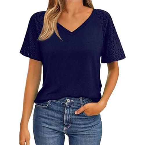 Women's V-neck Stitching Lace Short-sleeved Casual Shirt