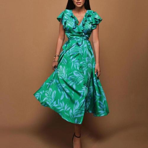 New Fashion Women's Elegant Printed V-Neck Bubble Sleeve Split dress