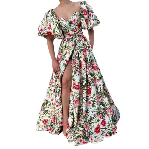 Women's New V-neck Chiffon Printed High Waist Slimming Large Dress Short-sleeved dress