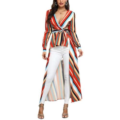 Rainbow Stripe dress Deep V Slim Fit Front Short Rear Long Jacket