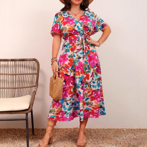 Plus size Women's Elegant V-neck Tight Waist Slimming Lace-up A-line Floral dress