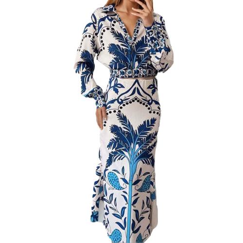 Women's V-neck Long Sleeve Skirt Retro Printed Fashion Casual suit