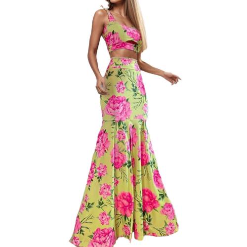 pring New Women's Elegant Sexy Printed Sling Two-Piece Dress Set