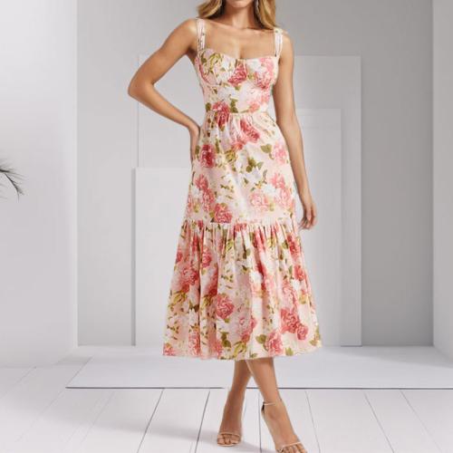 New Amazon Women's Elegant Sexy Printed Backless Pleated Sleeveless Sling dress