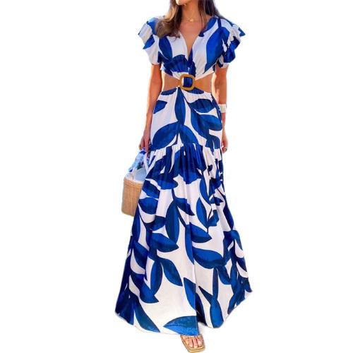 New Fashion Printed V-neck Puff Sleeve Long Sexy Off-waist Dress