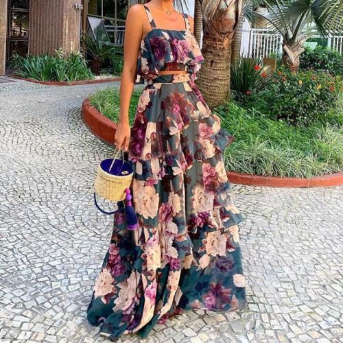 Summer New Beach Side Holiday Style Printed Two-Piece Sling Dress Long Dress