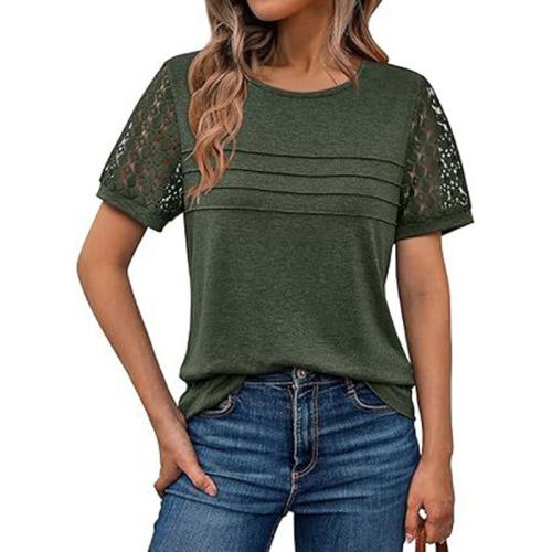 Women's Crewneck Solid Color T-pull Lace Sleeve Shirt