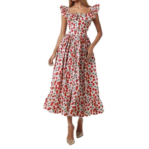 Women's Fashion French Style Square Neck Flying Sleeve Floral Waist dress