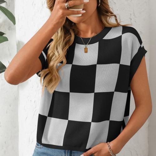 Navel Short Sleeve Color Block Round Neck Knitted Checkerboard Blouses