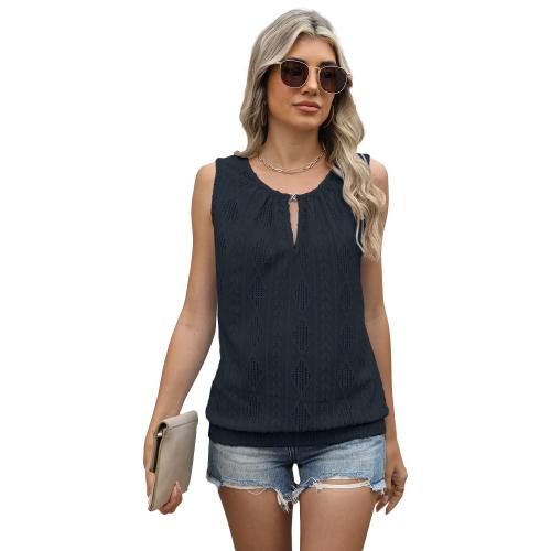 Spring and summer new personalized buckle V-neck solid color sleeveless jacquard T-shirt