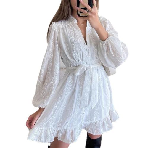 New Women's dress V-neck Long Sleeve Sweet Lace-up Ruffled Skirt