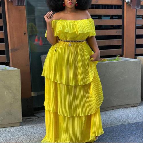 Yellow Chiffon Shoulder Backless Slim Beach Pleated Long Dress