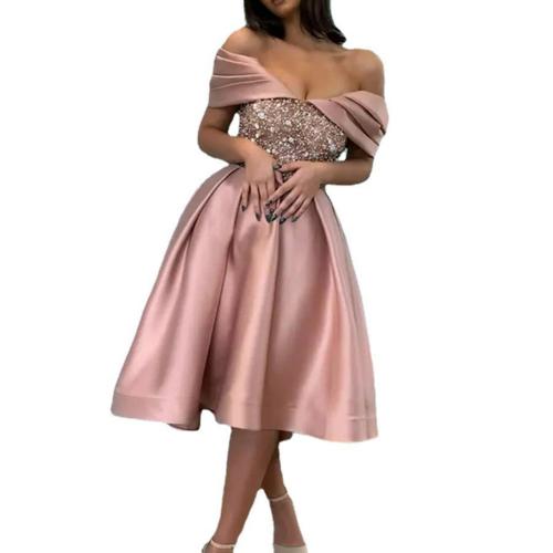 New Women's Spring Simple Slim Sequin Off-shoulder Banquet Evening Dress