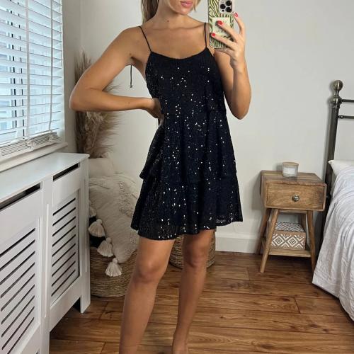 Sweet dress Sequins Sleeveless Slim Sling Party Cake Dress