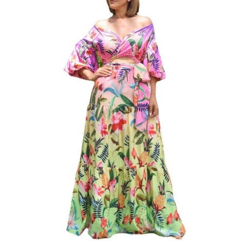 Spring and Summer New Printed Loose off-shoulder V-neck Sexy Slimming Long Dress