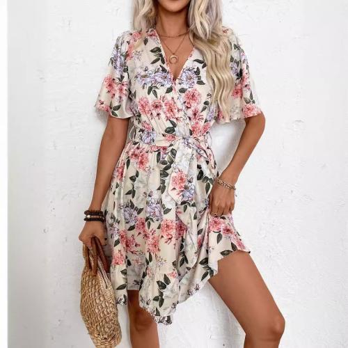 New Elegant Floral Printed V-neck Lotus Leaf Sleeve with Belt Loose Dress