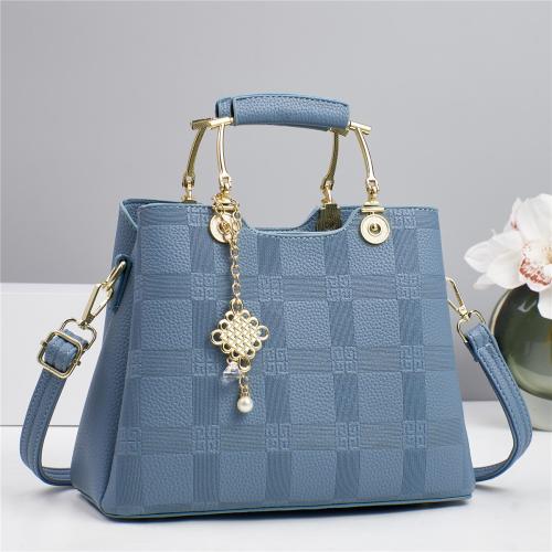 PU Leather Concise Handbag with hanging ornament & attached with hanging strap plaid PC