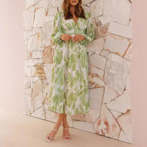 Chiffon Printed Long Sleeve Fashion V-neck Tulle Floral Long Sleeve dress