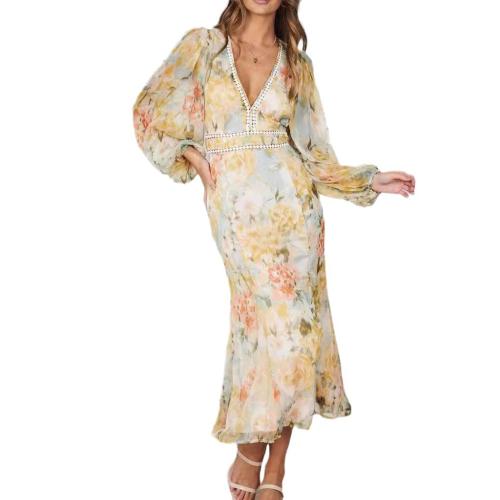 New long printed dress women's slim-fit irregular folding dovetail dress