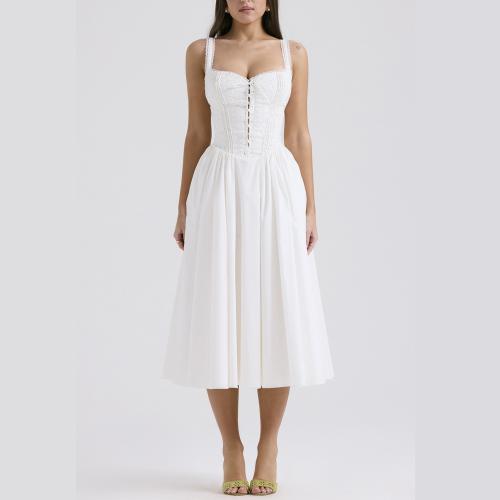 French Style Seaside Vacation Lace Waist Elegant Long Dress Hollow Strap Sling dress