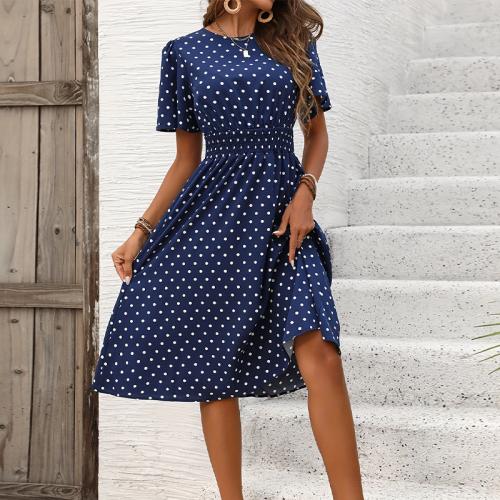 Elegant Wave Dot Short-sleeved dress Waist Skinny A- line Dress