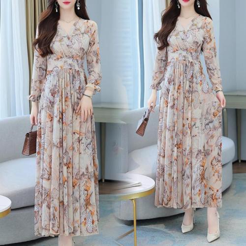 Women's Long-sleeved New V-neck Elegant Tight Waist Slimming Printe Dress