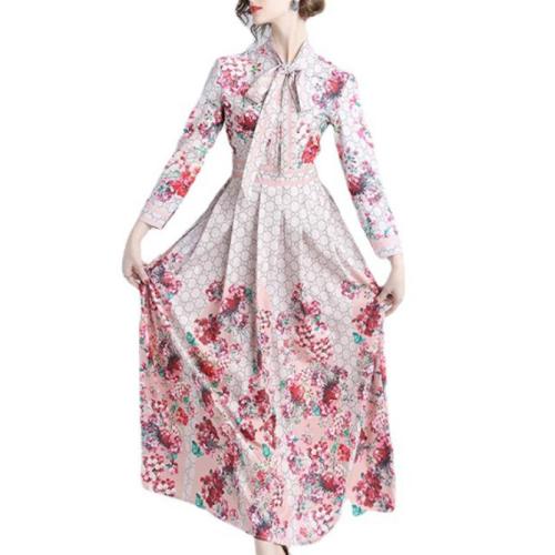 Spring and summer waist slimming long sleeve printed floating long dress