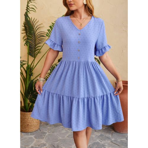 New V-neck jacquard waist five-quarter sleeve pleated dress