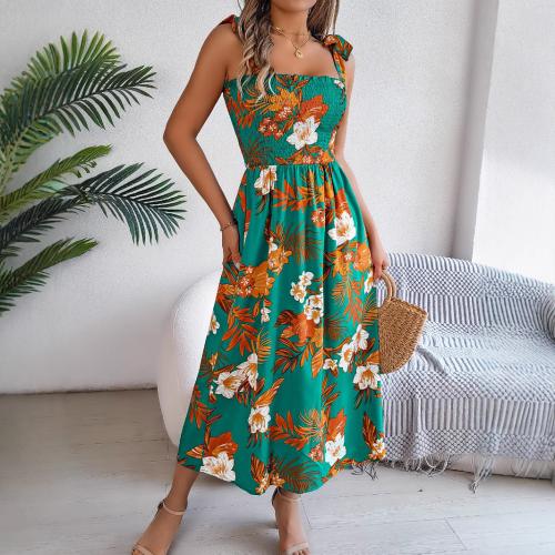 Flower Lace-up Waist Slip Skirt Holiday Beach Long Dress