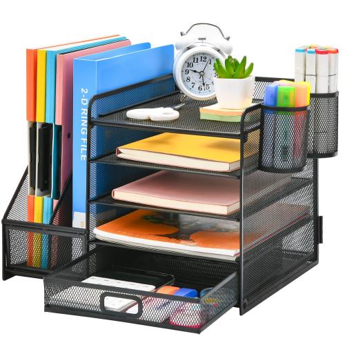 Five-layer Metal Mesh Storage Rack Document Storage Rack with Two Pen Holders