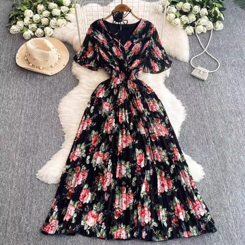 Polyester Einteiliges Kleid, Gedruckt, Floral, mehr Farben zur Auswahl, :,  Stück