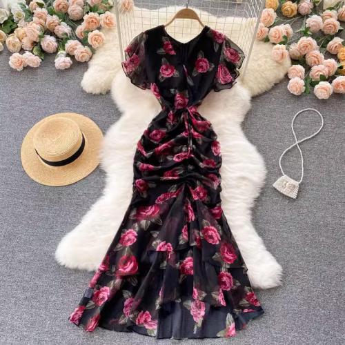 Polyester Sexy Package Robes hip Imprimé Floral Noir pièce