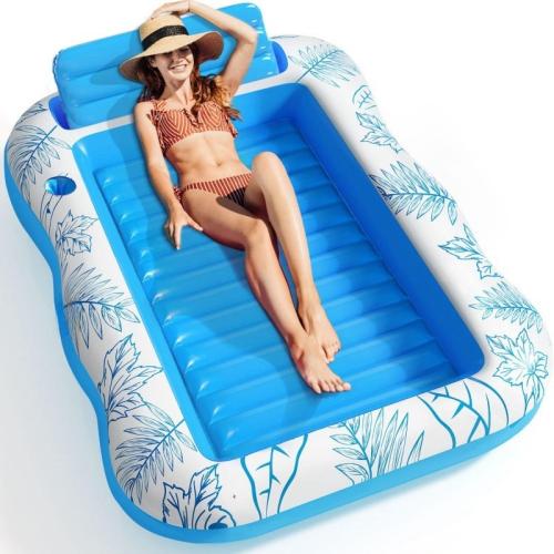 PVC Inflatable Floating Bed leaf pattern blue PC