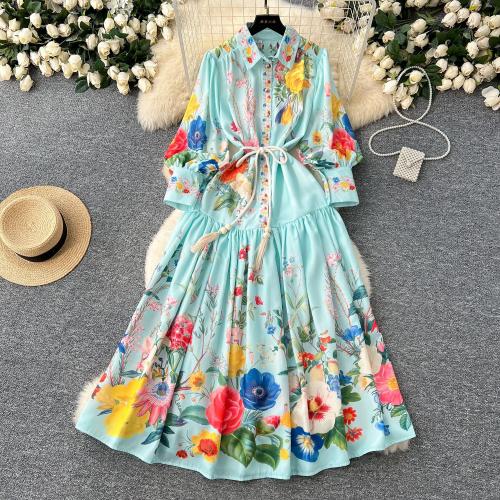 Early spring new holiday style lantern sleeve pleated elegant printed dress