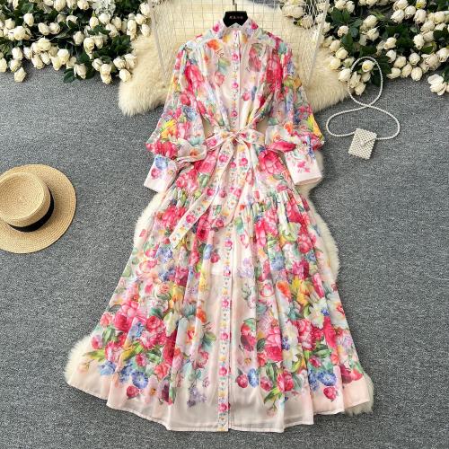 Women's Holiday Style Vertical Collar Lantern Sleeve Tight Waist Strap Printed Pleated Chiffon Long Dress