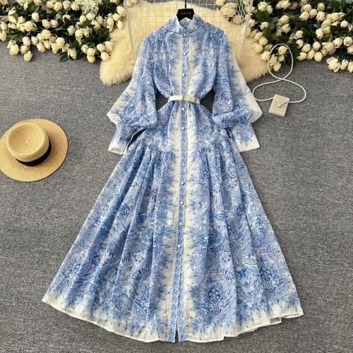 Early Spring Holiday Style Women's Pleated Elegant Long Dress with Vertical Collar and Lantern Sleeve Printed