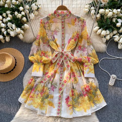 Palace-style Printed dress Women's Spring Lace-up Waist Lantern Sleeve Elegant Dress