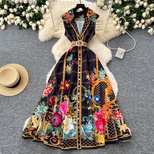 Retro Style V-neck Sleeveless Positioning Printing Waisted Slimming Long dress