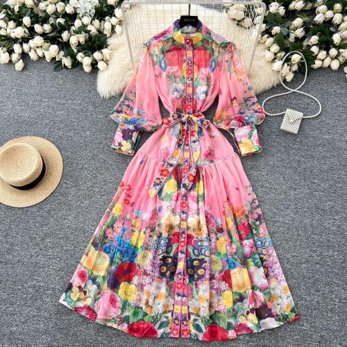 Women's Elegant Stand Collar Lantern Sleeve Fashion Printed Pleated Long Dress