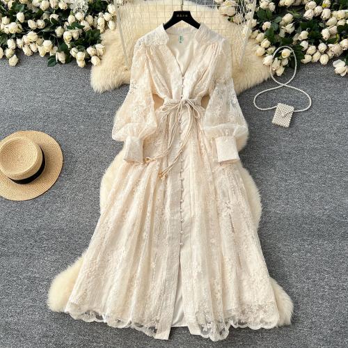 French elegant dress spring embroidery lace V-neck lantern sleeve long dress