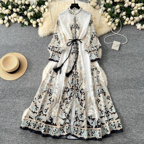 Retro Lace-up Lantern Sleeve Fashion Printed Long dress Spring Dress