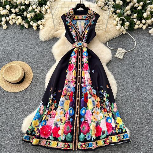 Vintage Dress Collar Sleeveless Printed Women's Tight Waist Spring Elegant Dress