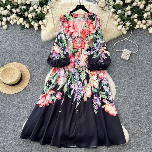 Retro deep V-neck lantern sleeve printed women's spring elegant long dress