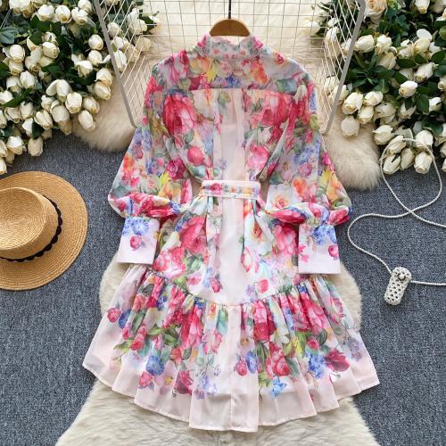 High-end Single-breasted Lantern Sleeve Printed Pleated dress Slim-fit Elegant dress