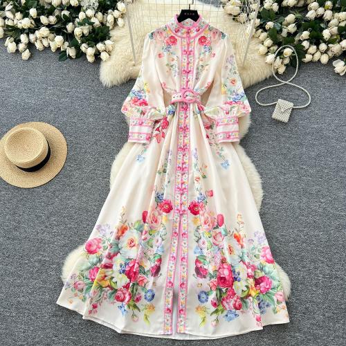 Polyester High Waist One-piece Dress slimming printed floral mixed colors PC