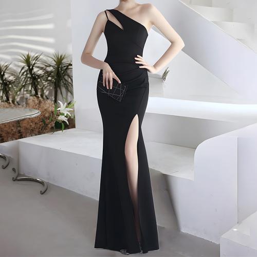 Polyester Waist-controlled Long Evening Dress side slit & One Shoulder PC