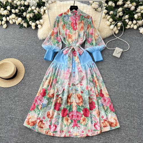 Spring dress Lantern Sleeve Chiffon Painting Style Flower Long Dress