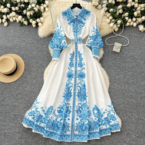 High-end elegant women's dress spring lantern sleeve printed long dress