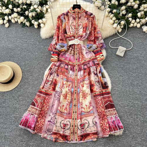 High-end stand collar waist lantern sleeve printed long dress