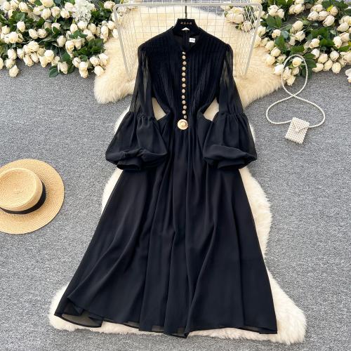 French style elegant dress spring fashion metal buckle waist slimming lantern sleeve chiffon long dress